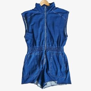 Fabletics Soft Denim Blue Indigo Zip Up High Neck Romper Terry Short Onesie